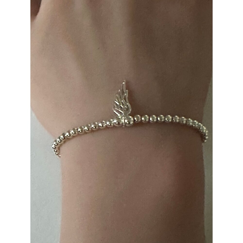 925 Sterling Silver Beaded Stretch Stacking Bracelet Wing Charm Minimalist S7" - Picture 4 of 6